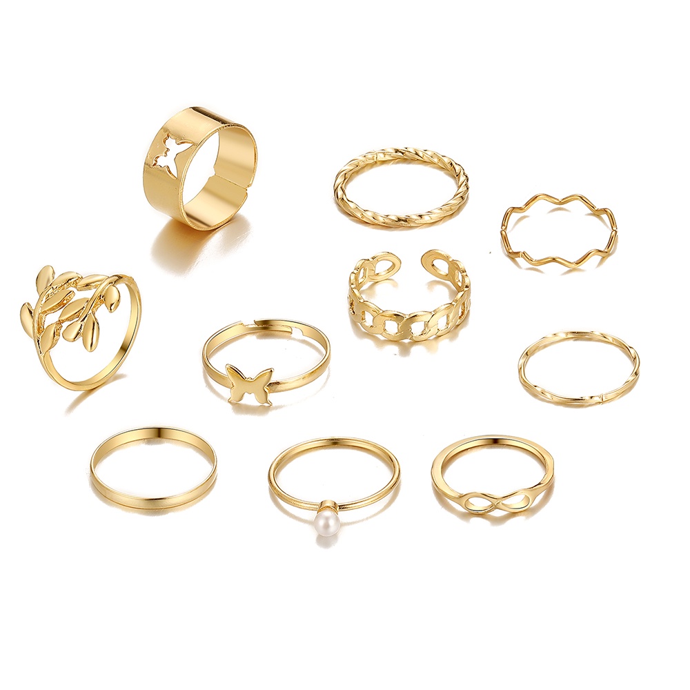 IFYOU 10pcs / set Cincin Jari Desain Kupu-Kupu Cutout Warna Emas Gaya Vintage Untuk Wanita