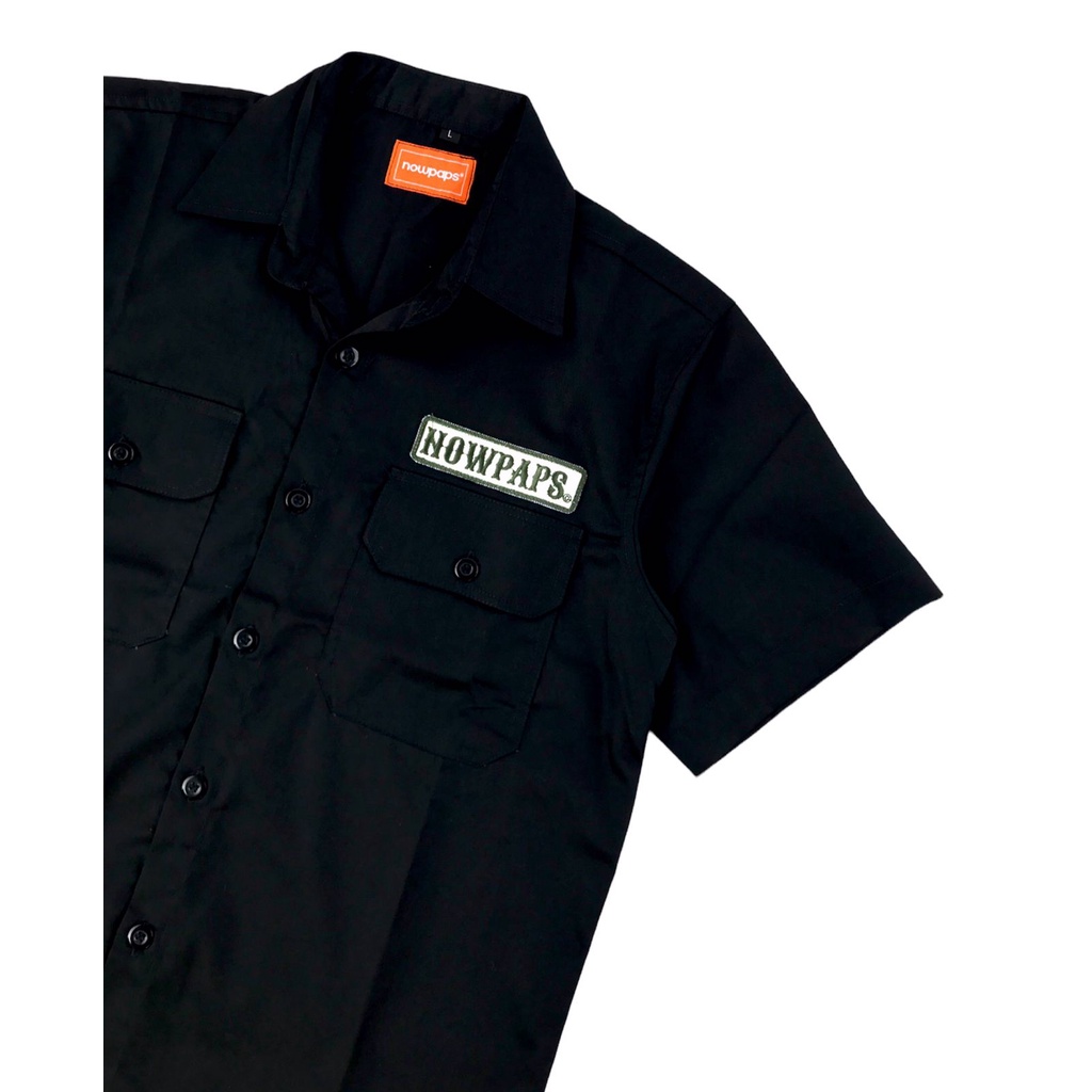 NOWPAPS.CO-WORK SHIRT BLACK / CREAM AMERICAN DRILL ORIGINAL NOWPAPS CO BORDIR PATCH.KEMEJA WORK SHIRT NOWPAPS CO HITAM CREAM