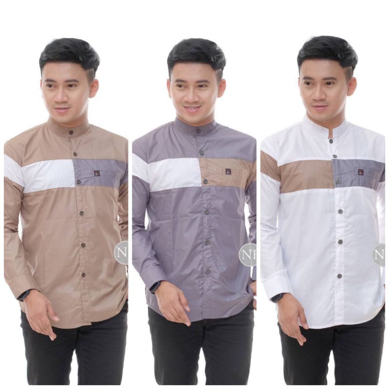 NF ATASAN BAJU KOKO PRIA COWOK LENGAN PANJANG warna coksu coklat susu abu muda putih kombinasi list 