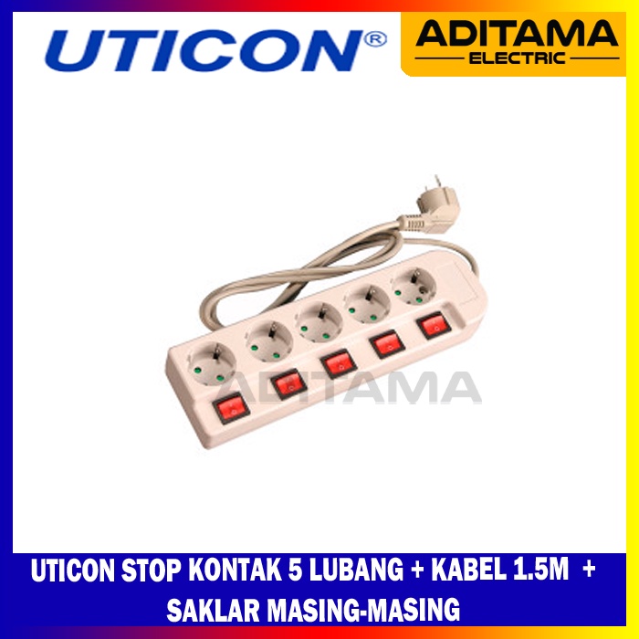 UTICON  STOP KONTAK ST-1582SW ST-1582 SW 5 LUBANG WITH ARDE + SAKLAR+KABEL 1.5 Meter