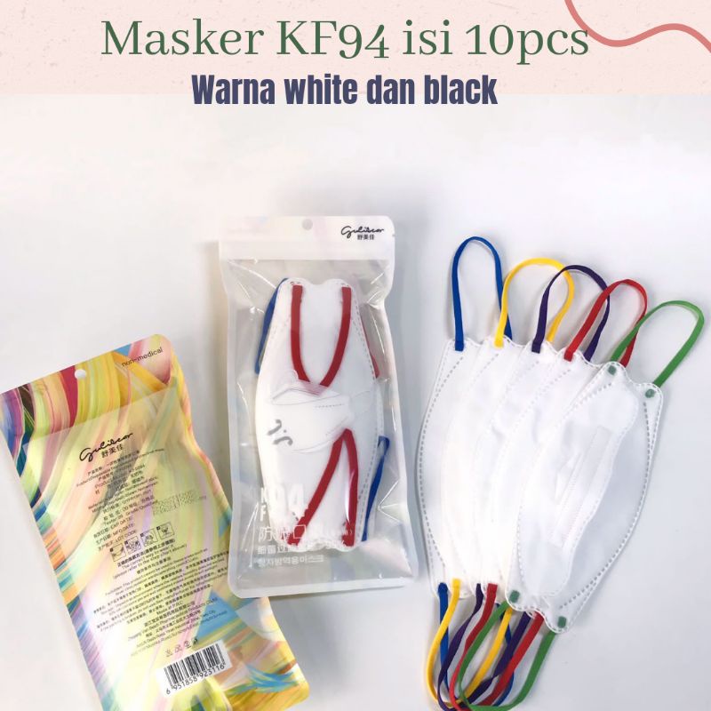 MASKER KF94 SACHET ISI 10 TALI WARNA / MASKER 3D KOREA PUTIH - HITAM / KF94 WARNA