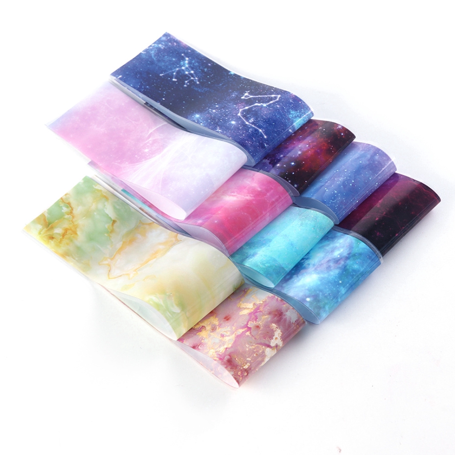 10 Lembar Stiker Kuku Foil Holografik Gradasi Starry Sky Transfer Air Untuk Dekorasi Manicure/Nail Art