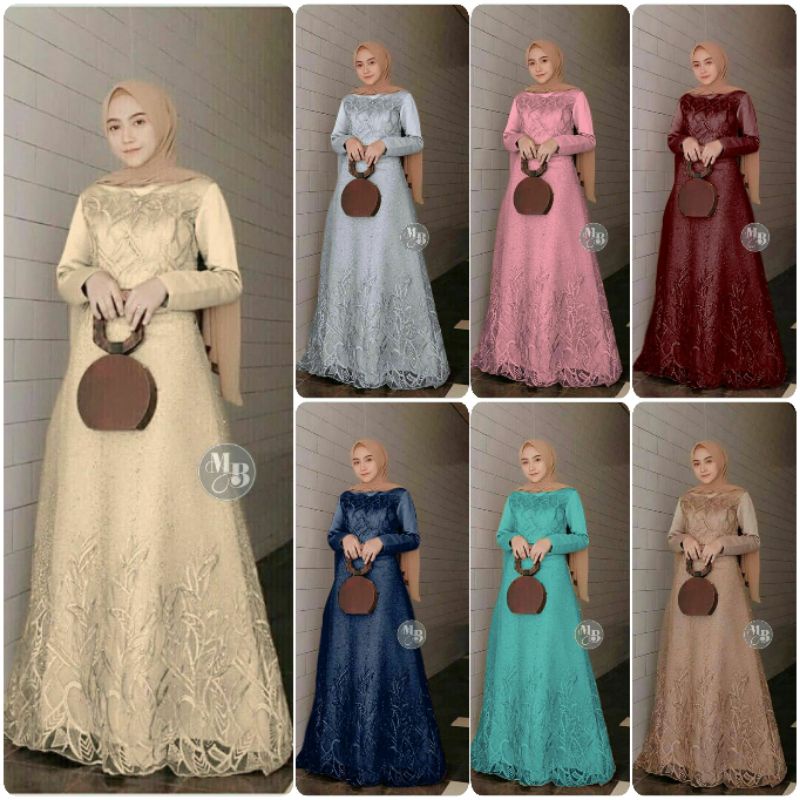 KHUSUS GROSIR Gamis Brokat Aura Gown • Gamis Syar'i • Tile mutiara mix velvet saten