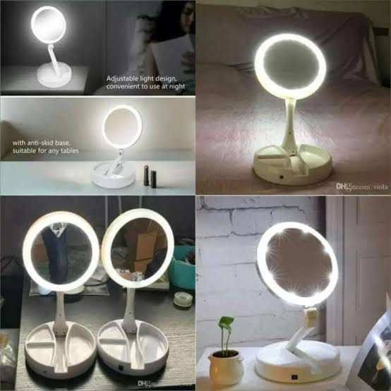 Cermin LED Mirror Lipat Portable kaca Rias Dua Sisi Usb Baterai Makeup