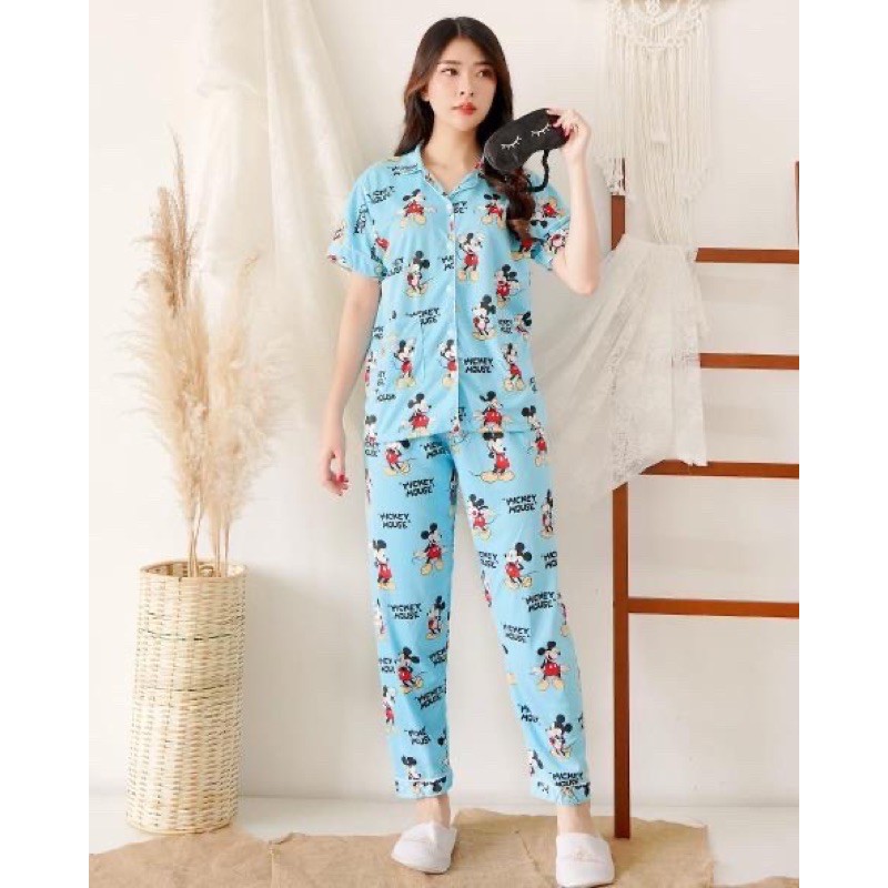 JC Piyama Set CP import / Piyama wanita CP / Piyama wanita Import murah-Mickey Mouse Blue CP