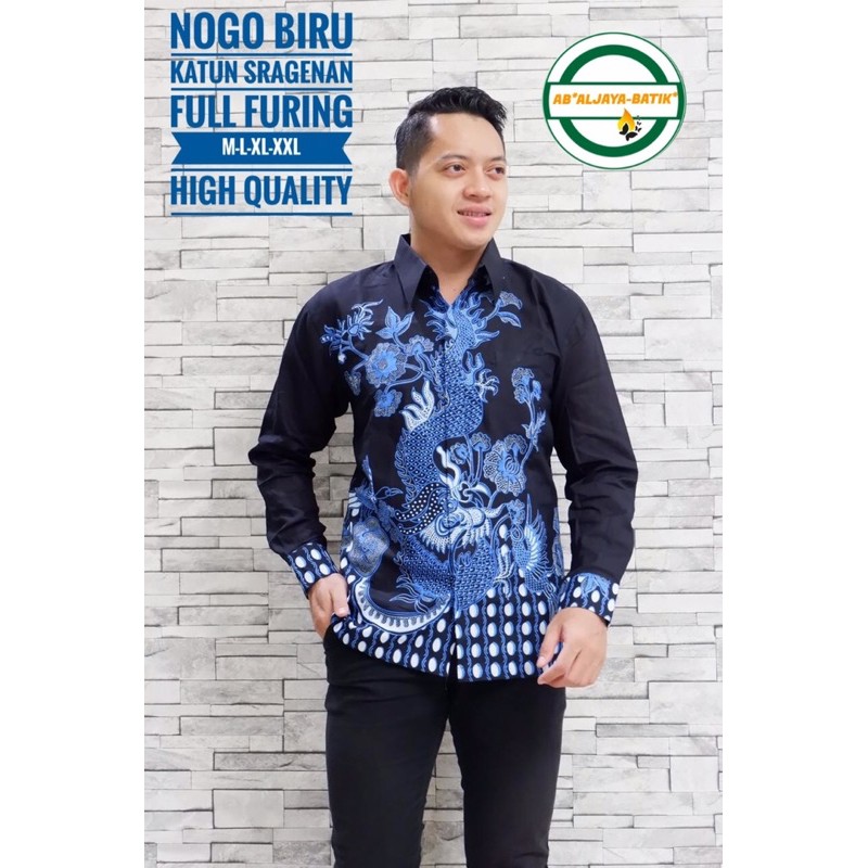 KEMEJA BATIK EXCLUSIVE NOGO BIRU FULL FURING KATUN HALUS SRAGENAN SIZE M-XXL ASLI SOLO