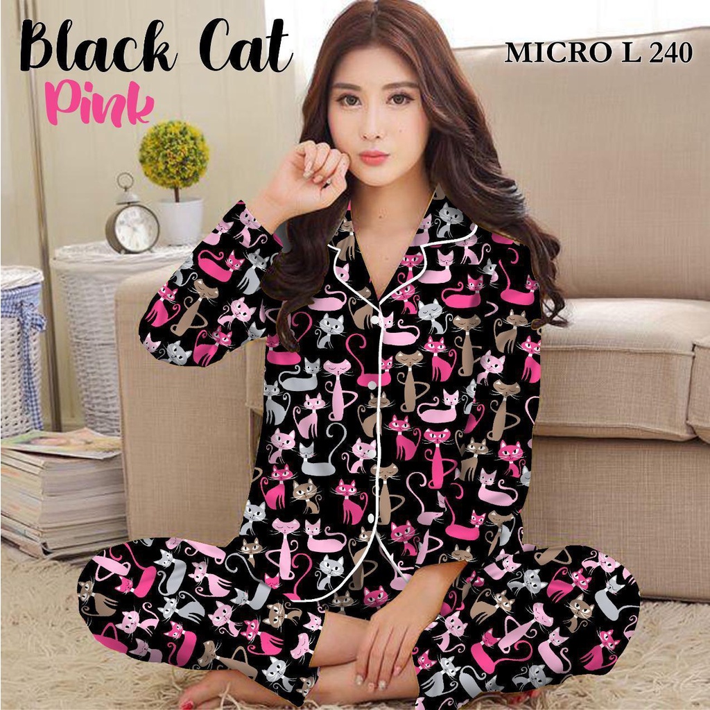 BJ-Piyama PP XXL Wanita Dewasa Murah - Baju Tidur Lengan Panjang-Black Cat