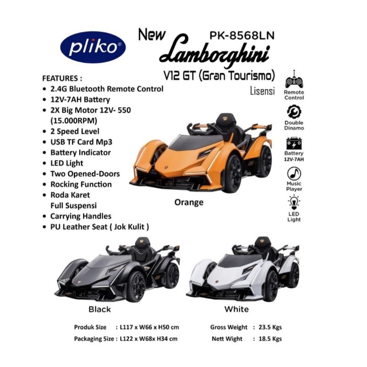 Mainan Mobil Aki Pliko PK-8568LN PK-8568 Lamborghini V12 Gran Tourismo Lisensi