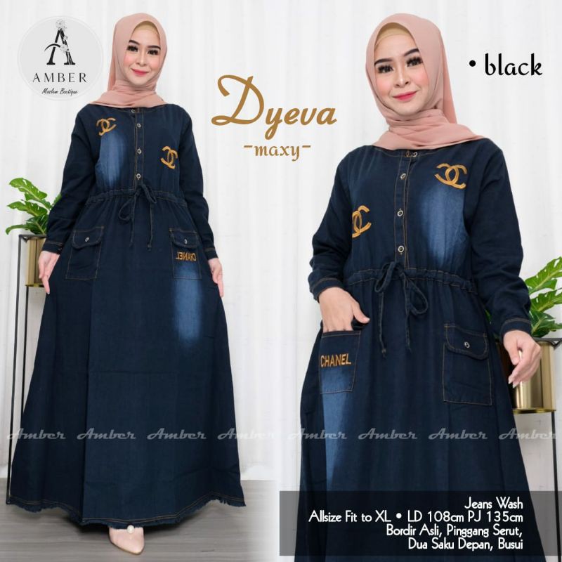 dyeva gamis wanita dewasa jeans wash bordir pinggang serut