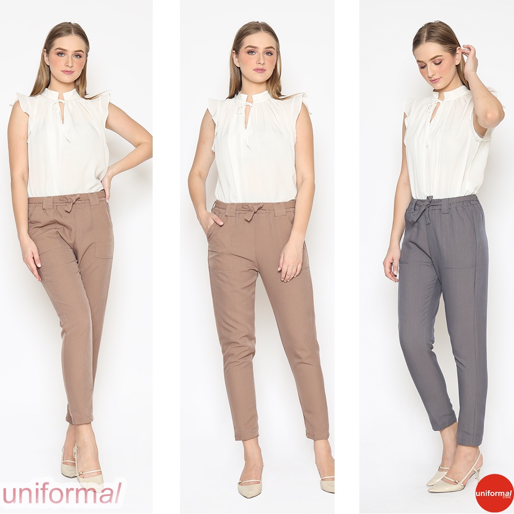 BAGGY PANTS CELANA PANJANG WANITA TALI LUAR KEKINIAN PREMIUM  / BAGY TWILL / CLANA POLOS CEWE CEWEK / KANTOR / KERJA / KANTORAN / KULIAH / KULIAHAN / KONDANGAN / BAHAN KATUN / KARET / TRAINING / TERBARU / MURAH / COKLAT / HITAM / ABU / CREM / DONGKER BIRU