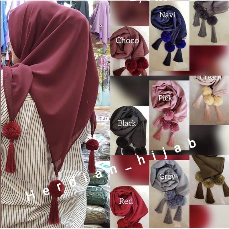 Hijab Segiempat Bella Pom Pom Warna Terlengkap / Kerudung Segiempat Pom-pom warna telengkap / Jilbab Segiempat Pompom warna telengkap / Jilbab Hijab Kerudung Segiempat Terbaru Trend Produk Terbaik Warna Terlengkap-1