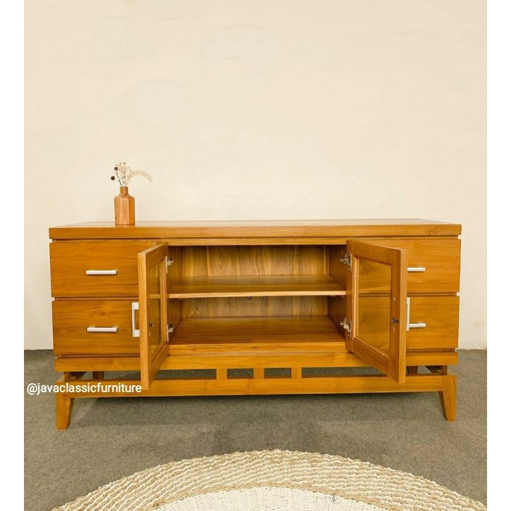 BUFET CUSTOM SCANDINAVIA KABINET TV RETRO LACI MINIMALIS KAYU JATI GRADE A BERKUALITAS FINISHING NATURAL UKURAN 150x45x75 PRODUKSI JEPARA-1