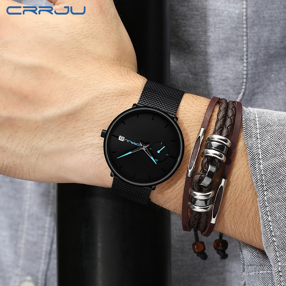 CRRJU Jam Tangan Pria Mode Santai Simple Dial Tali Jala Tahan Air Jam Tangan Automatic Date Watch