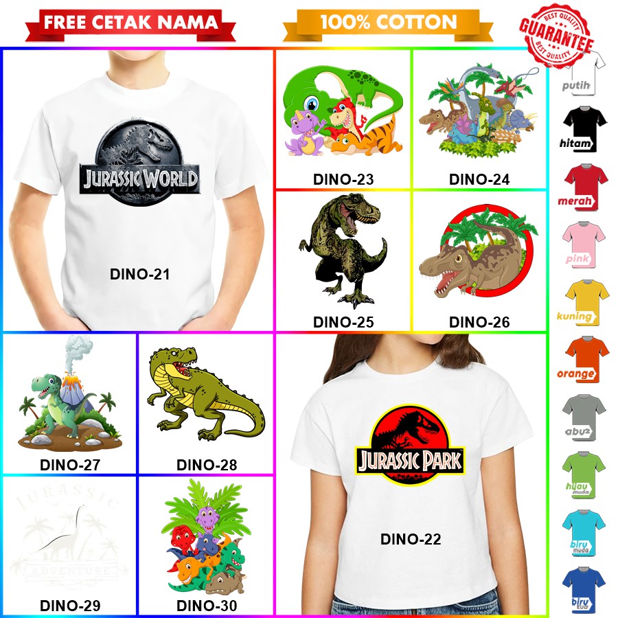 [FREE NAMA!!] Kaos Baju COUPLE  ANAK DAN DEWASA DINO DINOSAUR DINOSAURUS TYREX BANYAK MOTIF