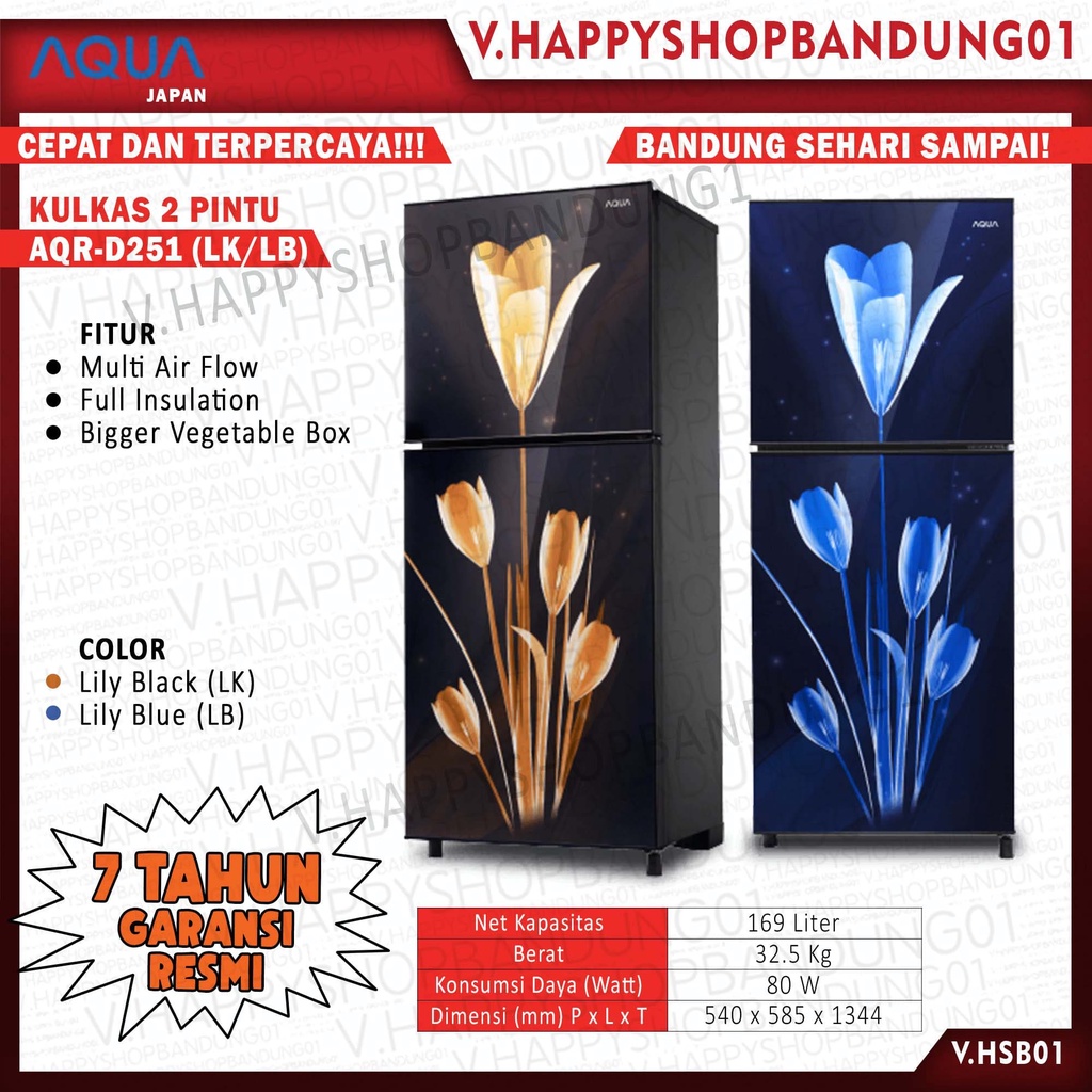 KULKAS AQUA 2 PINTU FREEZER ATAS 169 Liter AQR-D251 LK/LB Bunga Lily Garansi Resmi