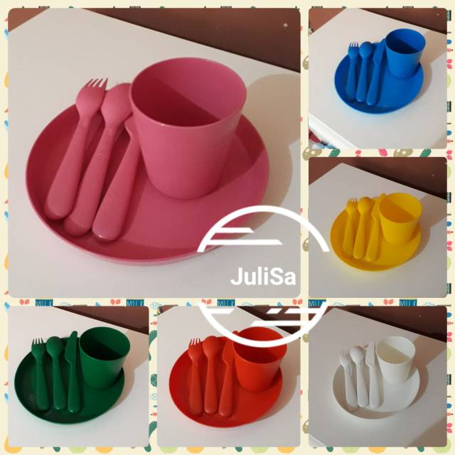 Kalas set IKEA warna solid 5 pcs (1 piring, gelas, sendok, garpu, pisau) . Alat makan anak