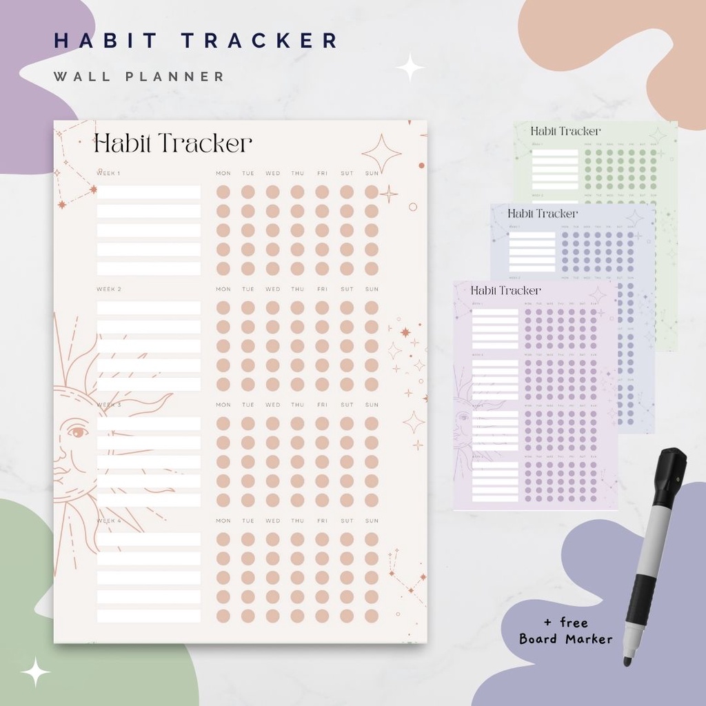 

Wall Planner Solucine - Bohemian Series (2) - Habit Tracker, Study Planner, Check list, Shopping List - Free spidol + Reuseable - A3 / A4