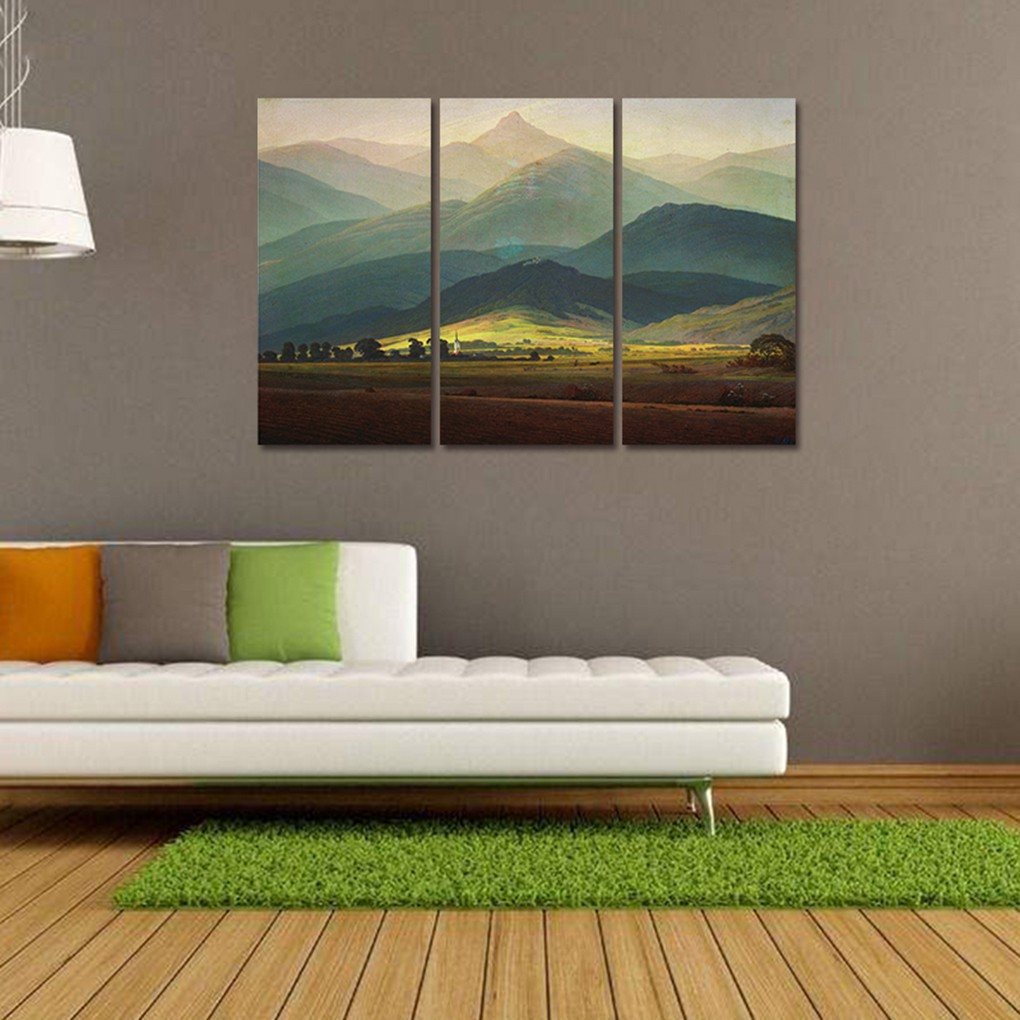 3 Panel Lukisan Dengan Model Tanpa Bingkai Dan Gambar Pemandangan Gunung