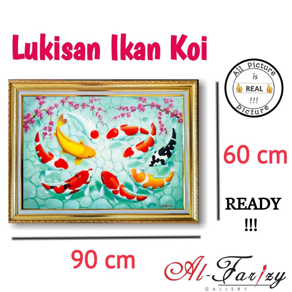 Lukisan Ikan Koi 9 Ekor Fengshui Unik Minimis Kanvas Ukuran 60x90 cm Lengkap dengan Frem