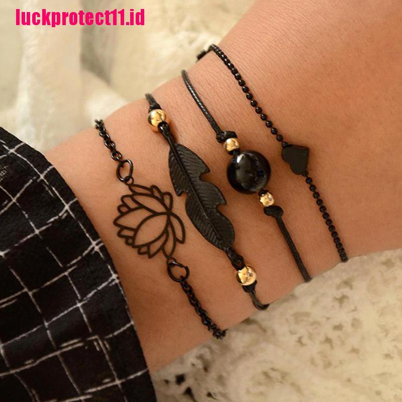 (LUCK) 4pcs / set Gelang Tangan Rantai Aksen Bulu / Lotus Warna Hitam Gaya Boho Untuk Wanita