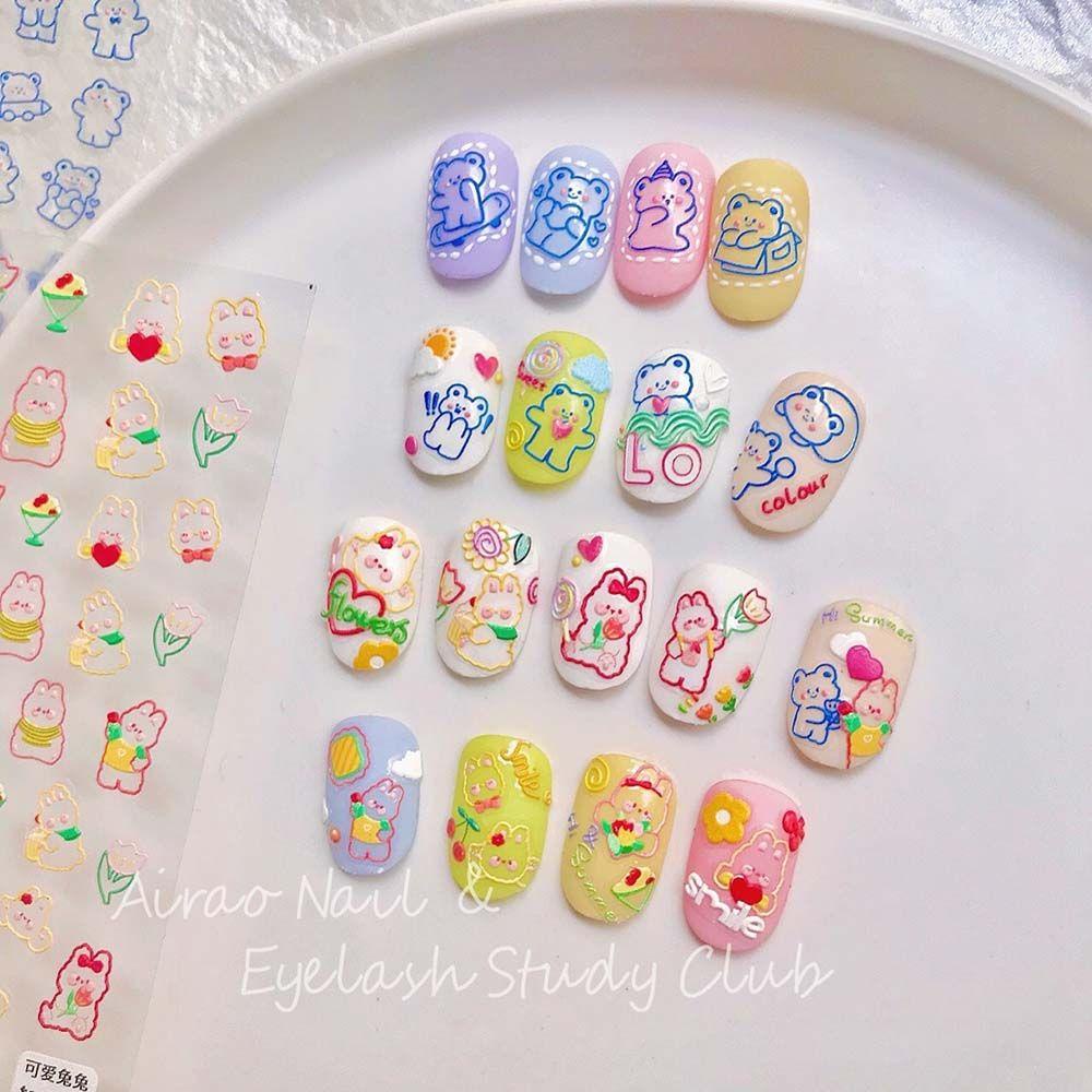 AUGUSTINA Agustina Kelinci Nail Art Stiker Lucu Indah Floret Perekat Relief Kartun Manikur Aksesoris