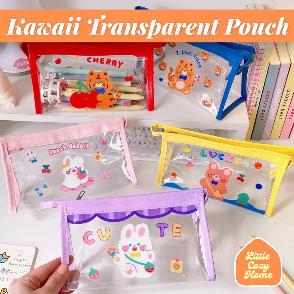 Kawaii Transparent Pouch / Tempat Pensil Transparant Korea Zipper Motif Aesthetic Kreatif Lucu / File Mika Bag Pouch PVC Transparan Serba Guna Multifungsi Make Up Bag