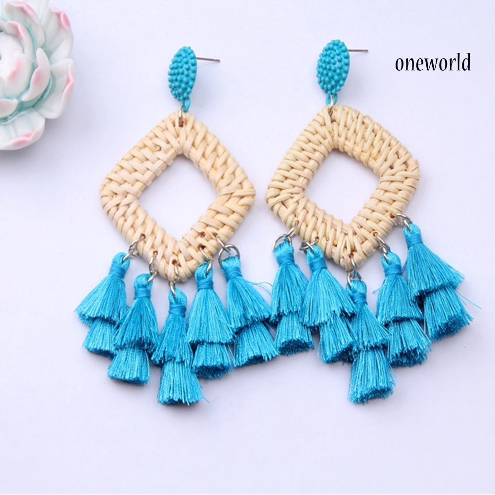 OW@ Boho Women Hollow Rhombus Rattan Woven Tassel Statement Dangle Stud Earrings