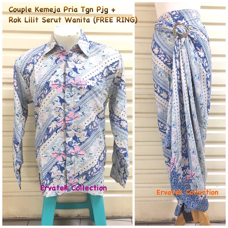 COUPLE BATIK CBPJL31 Kemeja Pria Tgn Panjang dan Rok Lilit Serut FREE RING Baju Pasangan Warna Biru