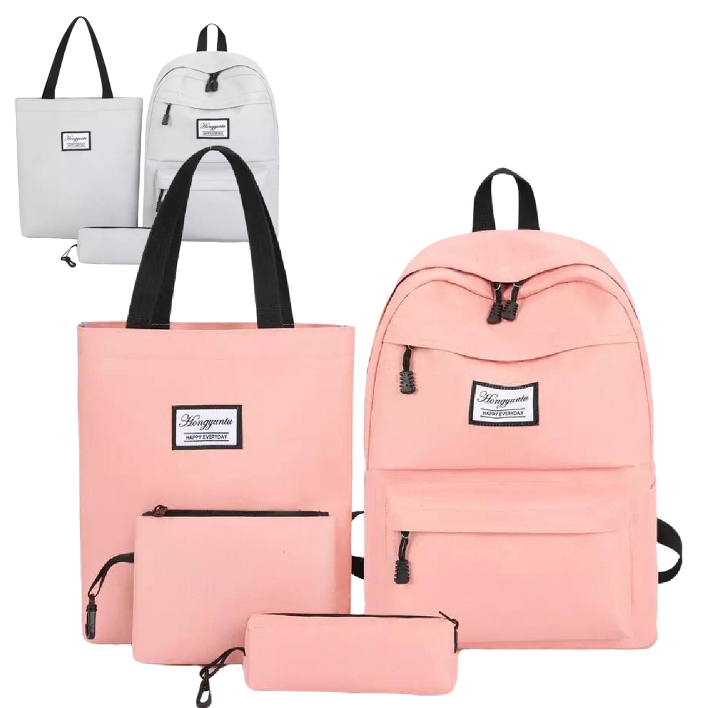 BDKR_TAS - Tas ransel wanita terbaru 4 in 1 Set Ransel Wanita Kanvas Warna Solid Cocok untuk Remaja Set Ransel Sekolah Anak Perempuan Tas Buku