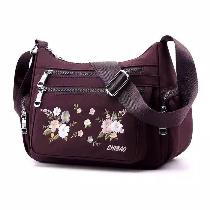 Tas Selempang Tas Wanita Import Jinjing dan Selempang CHIBAO CB8890 8890 Bordir Bung - Violet sekola