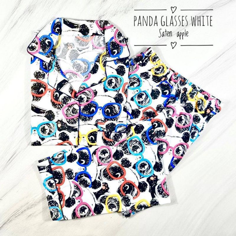 Baju Tidur Piyama Wanita Dewasa Piyama Baju Santai Motif Bunga-Panda glasses White