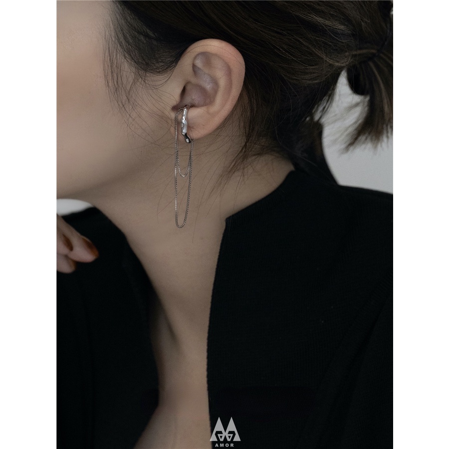 Set Anting Tusuk + Klip Rantai Asimetris Bahan metal Untuk Wanita