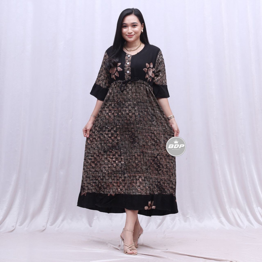 Dianputri - Daster Dress Maura Rayon Grade A busui resleting depan | Daster Wanita Terbaru | Daster Kekinian-Hitam