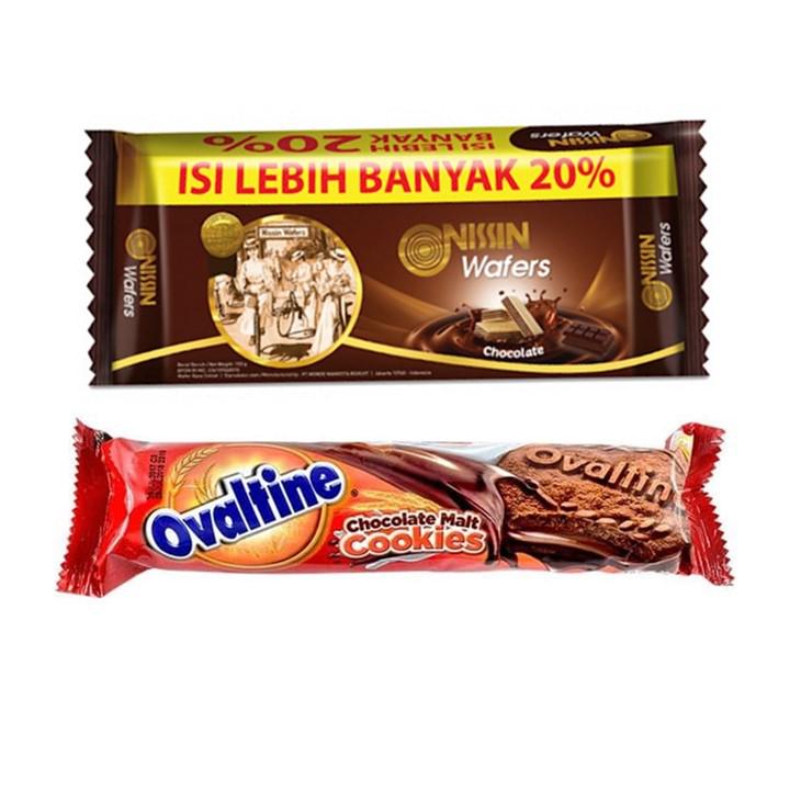 

Nissin Wafer Chocolate 145 gr + Ovaltine Chocolate Malt Cookies 130 gr