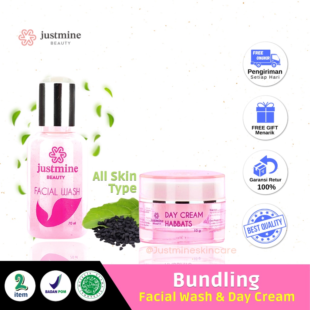 Justmine Beauty Bundling Eceran Facial Wash Day Cream Habbats Serum VIT C Toner | Paket Combo