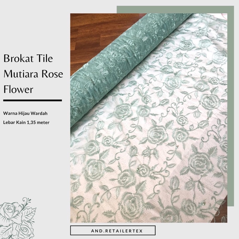 Kain Bahan Kebaya Brokat Tile Mutiara Rose Flower warna hijau mint wardah
