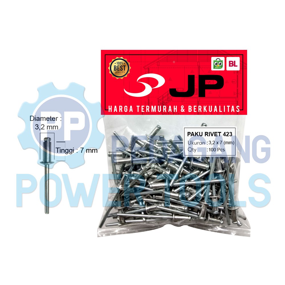 PAKU RIVET 423 - 3.2 X 7 MM BLIND RIPET RIFET TEMBAK ALUMINIUM 100 PCS