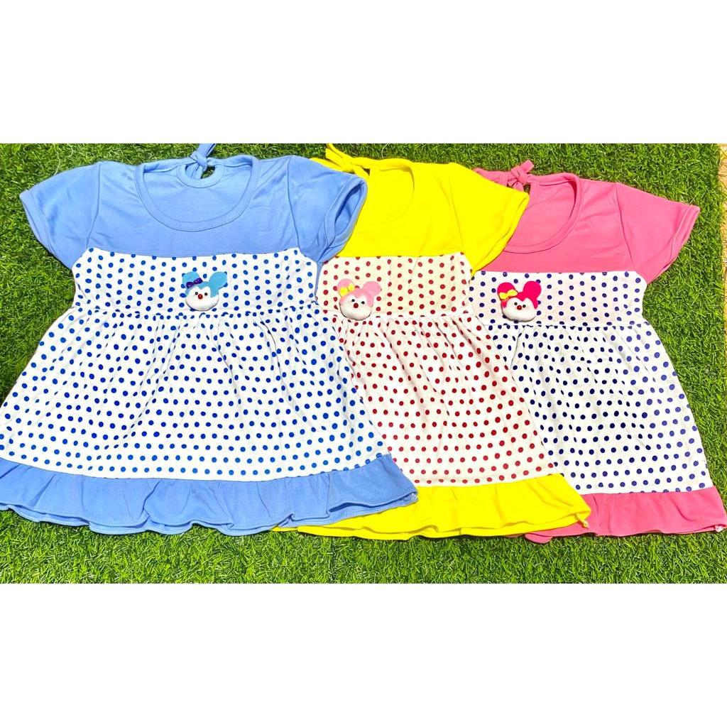 baju bayi dress motif full kadot setelan 3-18bulan