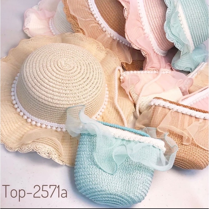 topi pantai set tas selempang jerami rajut berenda mutiara pearl topi picnic hat