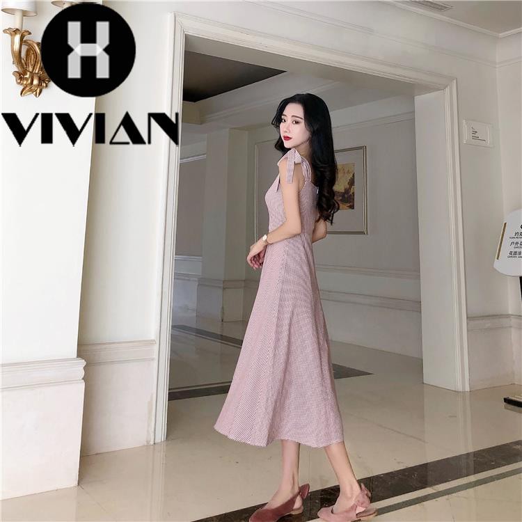 ?VIVIAN? Dress Midi Wanita Korea Tanpa Lengan Strap Pita Simpul Motif Bordir Bunga Elegan Vintage