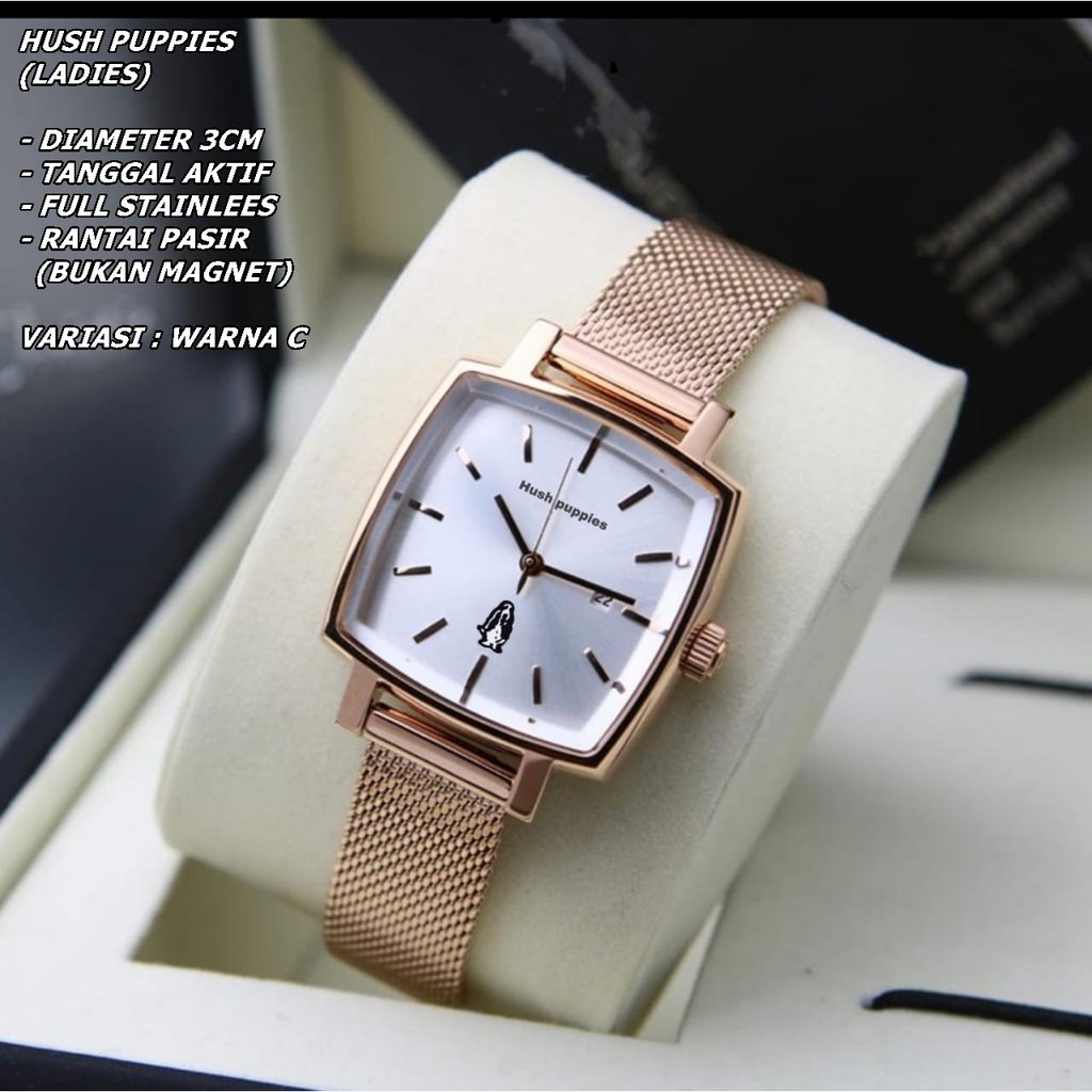 JAM TANGAN WANITA HUSH PUPPIES RANTAI BODY SEGI TANGGAL AKTIF