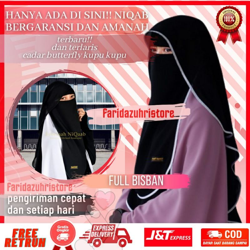 Niqab cadar new butterfly Veil Pita Bunga Yaman Exclusive 2 Layer Chiffon Silk Jetblack Siffon Arab