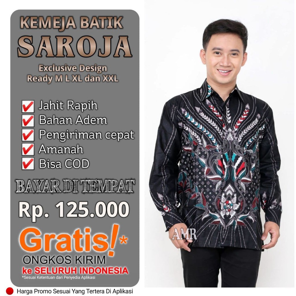 SAROJA BATIK Kemeja Lengan Panjang Kemeja Batik Seragam Kantor  Motif Prasasti Putih