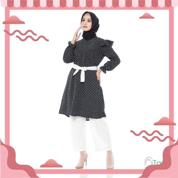 Atasan Muslim Wanita Tunik Hitam Polkadot Muslimah Casual Original Fashion Bisa COD