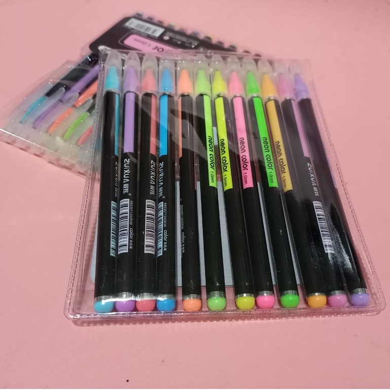 Sta307 (12 pcs) pulpen gel warna warni neon colour pastel glitter pen isi 12 warna pena