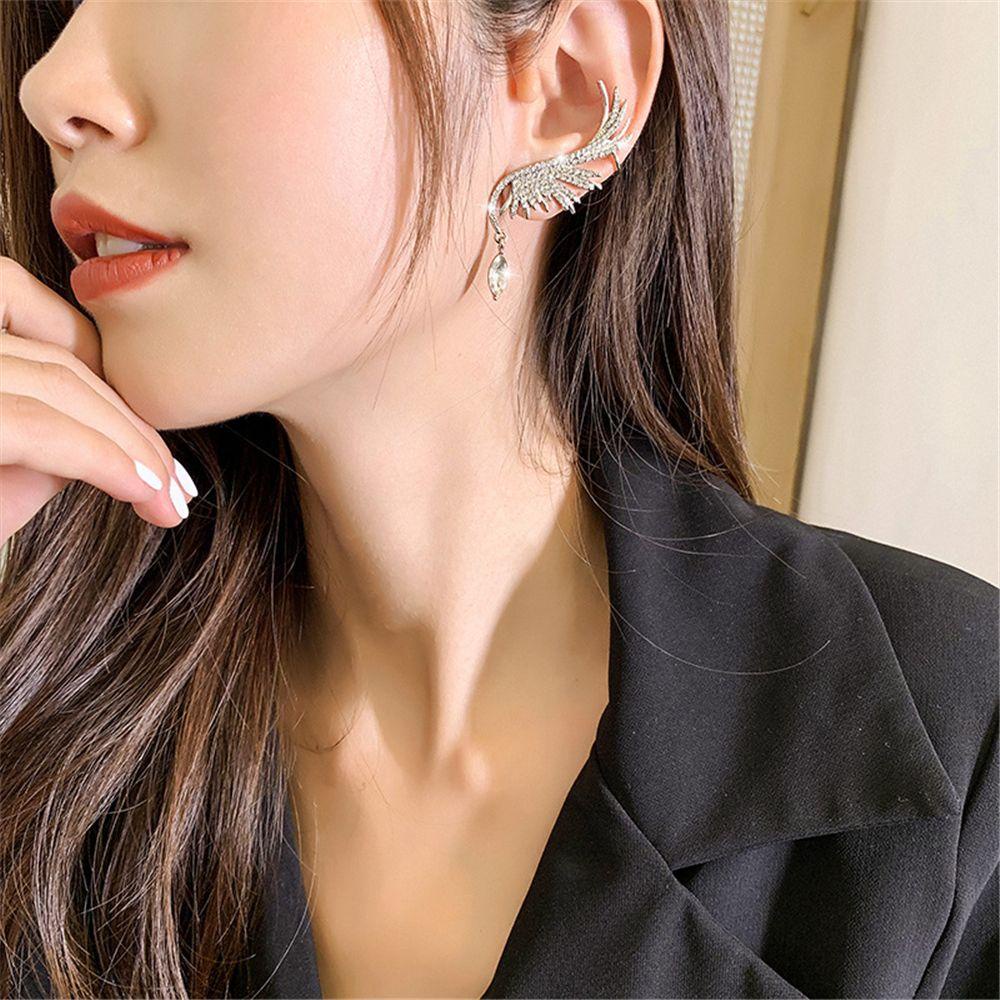 R-flower 1PC/1pasang Sayap Malaikat Anting Wanita Fashion Stud Earrings Menjuntai Zirkon Drop Ear Clip