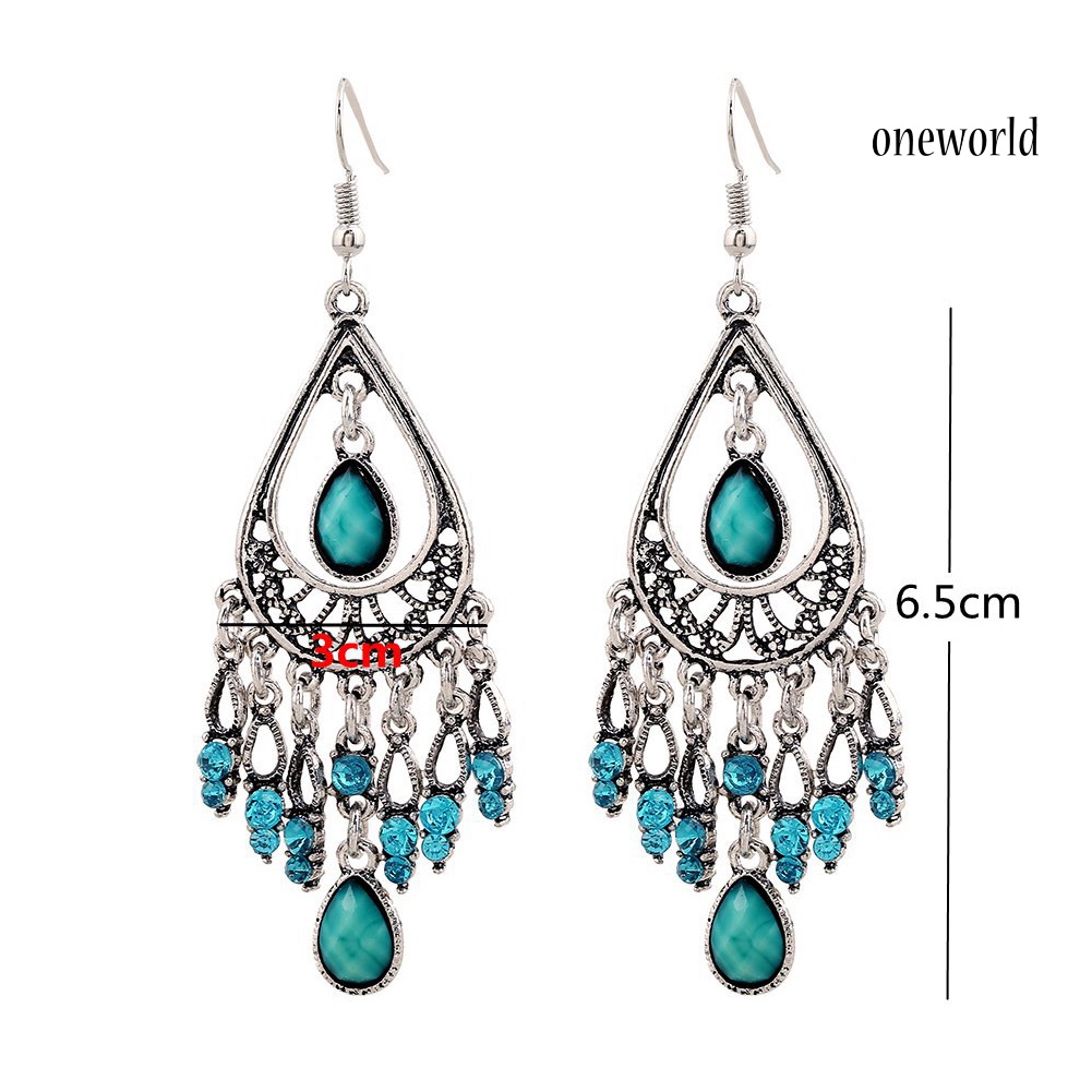 OW@ Boho Women Hollow Carved Faux Gemstone Tassel Drop Dangle Hook Earring Jewelry