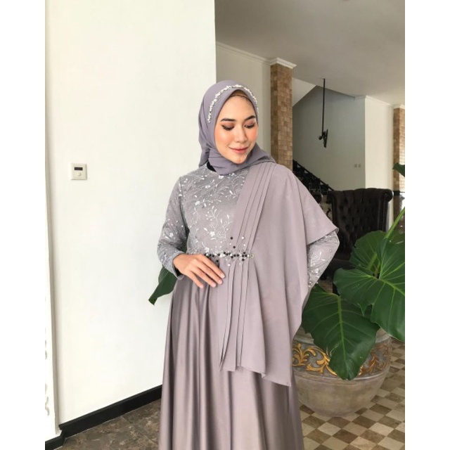 gaun pesta muslimah /dress  kondangan lamaran lebaran / gaun slendang monicca dress