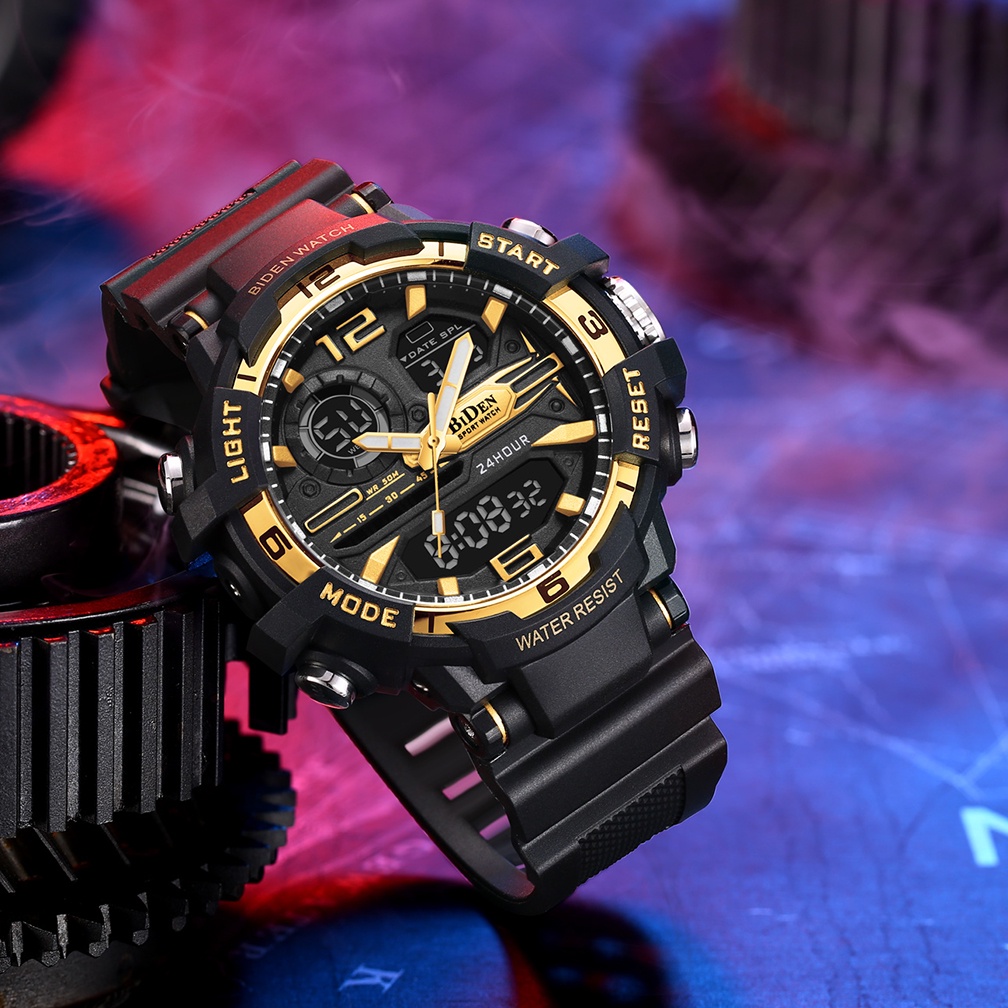 BIDEN Jam Tangan Pria R008 Olahraga Jam Digital &amp; Analog Multifungsi Alarm Tali Silikon Anti Air Jam Tangan Cowok