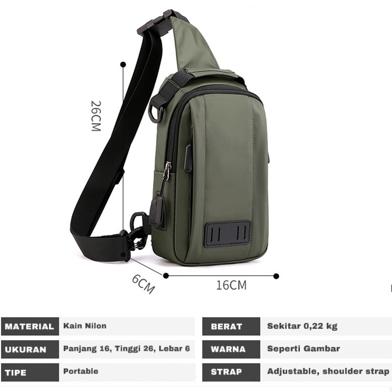 Highland Tas Selempang Pria Slingbag USB Charge Tas Pria Santai Tas Slempang Cowok Kasual Import TS712